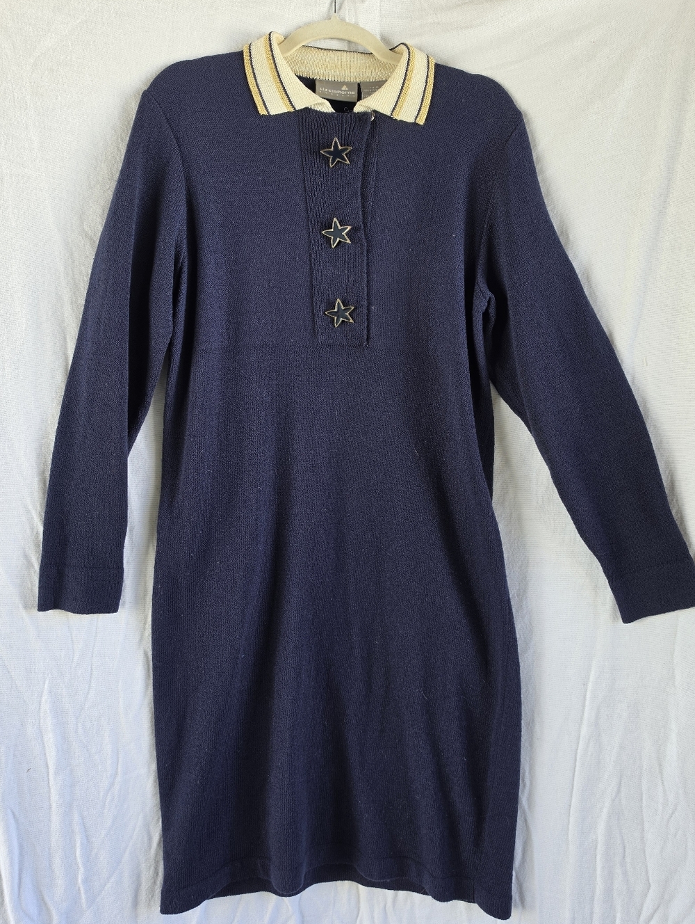 Vintage Liz Claiborne Knit Dress Sz M Navy Blue Collared Gold Star Button Midi